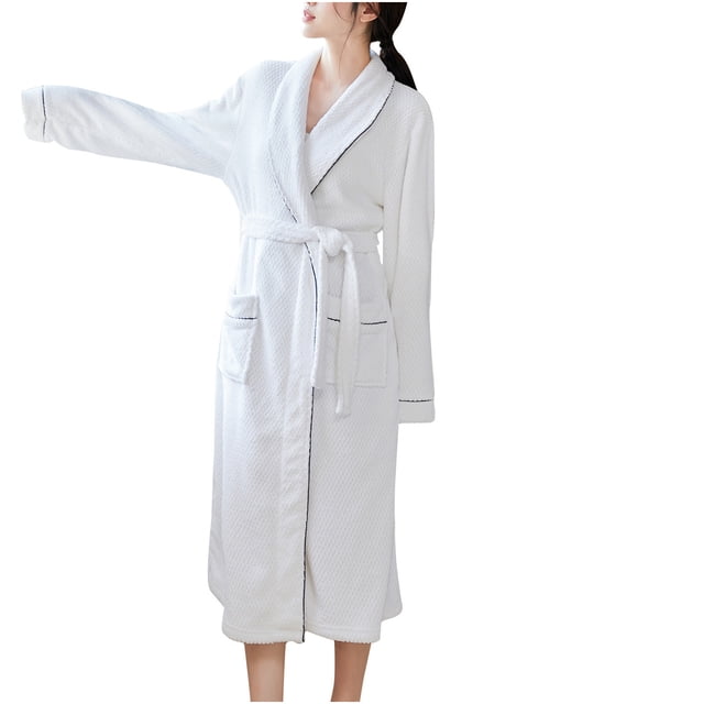 FAIWAD Robe pour Femme à Manches Longues, Col à Revers, Peignoir Long en Peluche, Pyjama en Molleton Doux avec Poche et Ceinture