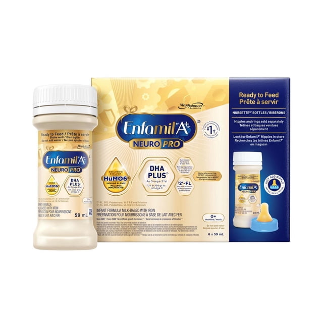 Enfamil A+ NeuroPro™ Préparation pour Nourrissons Prête à Servir Biberon et Emballage pour Nourrissons de 0 à 12 Mois, avec DHA Plus pour le Développement du Cerveau, Mélange Immunitaire Exclusif HuMO6, et 2 Pieds-Fl pour le Soutien Immunitaire, avec Format de Biberon de 59 ml et Texte Bilingue Anglais-Français.