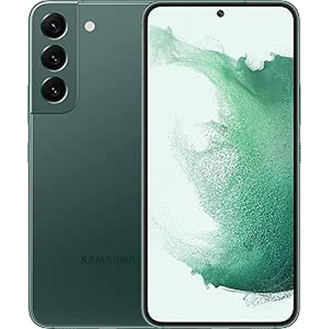 Restored Samsung Galaxy S22 5G Unlocked Smartphone Like New, featuring a sleek glass-metal-glass design in a green finish. The front showcases a 6.1-inch high-resolution display with a centered punch-hole camera, while the back includes a triple-camera setup. Key features include a 120Hz adaptive display, 50MP photo resolution, 8K video recording, Night Mode for low-light photography, and all-day battery life. Professionally inspected and refurbished to like-new condition with minor to no imperfections. Suitable for creating professional-quality content and seamless collaboration with Microsoft and Google integration.
