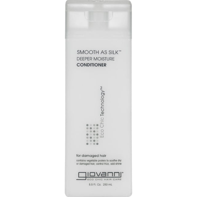 Giovanni Smooth As Silk Deeper Moisture Conditioner, 8.5 fl oz bottle, designed for damaged hair. Features PureOrganic Technology and contains vegetable protein to soothe dry or damaged hair, control frizz, and add shine. The white bottle has a sleek design with black and silver text, highlighting its benefits for detangling, protecting against split ends, and increasing shine. Suitable for daily use and free of animal by-products.