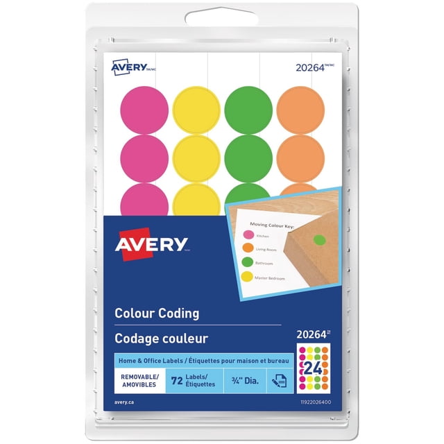Avery Removable Assorted Fluorescent Colour Coding Dots Labels - 20264 with 72 round 3/4 inch diameter labels in pink, yellow, green, and orange, suitable for colour coding, document control, price marking, and organizing at home or office, removable cleanly without residue.