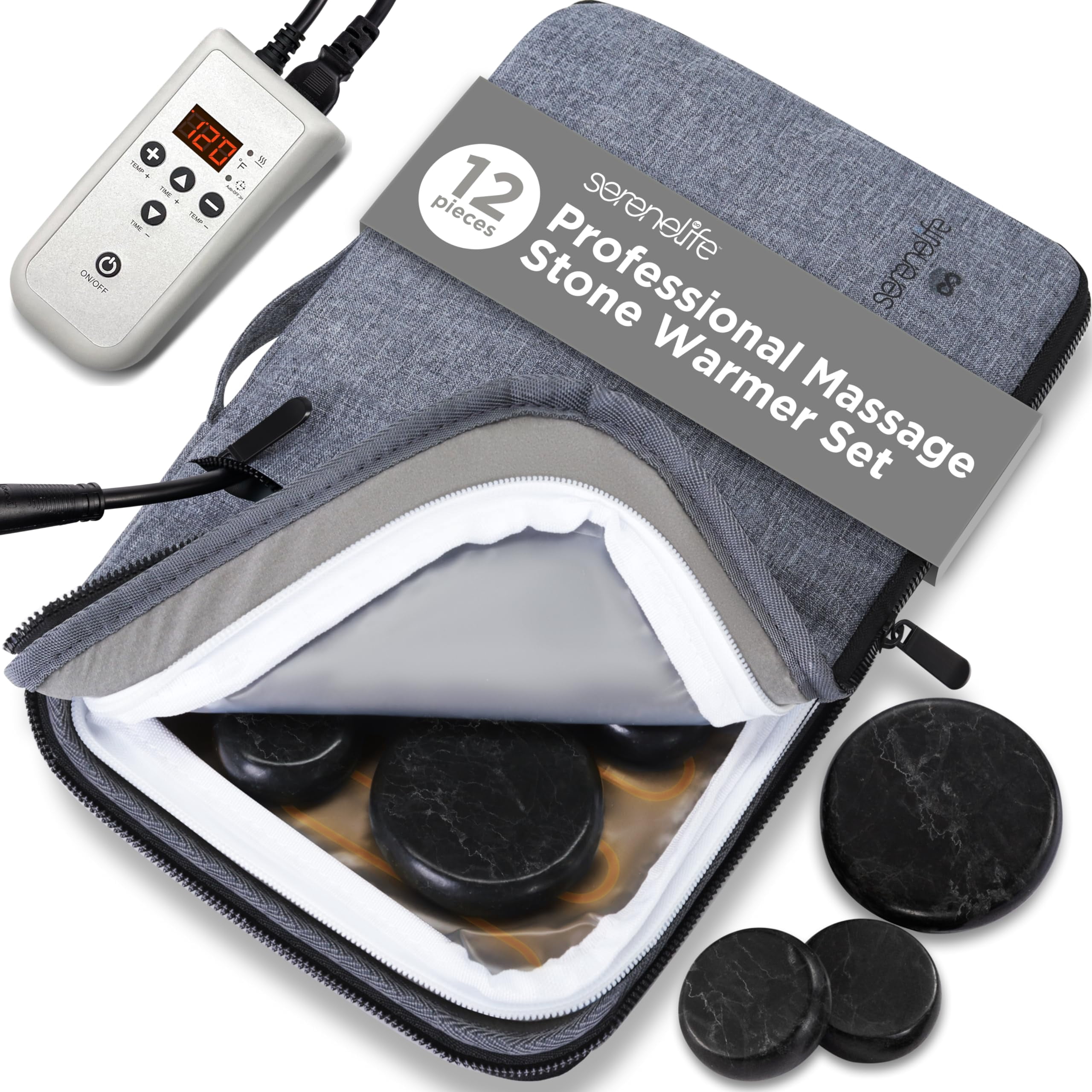 SereneLife Portable Basalt Stone Massage Set with Heating Bag - Hot Stones Massaging Black Basalt Kit, 12 Rocks Massage Stones and Warmer Set, Soothing Massage Accessories