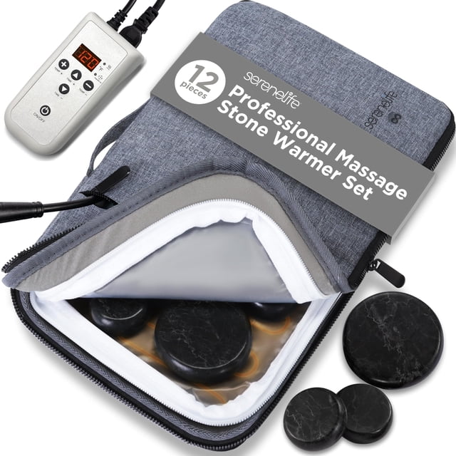 SereneLife Portable Basalt Stone Massage Set with Heating Bag, featuring 12 black basalt stones in two sizes (6 large and 6 small) and a gray travel bag that doubles as a stone warmer. Includes a digital temperature controller with adjustable settings from 85°F to 160°F. The basalt stones are smooth, round, and designed for heat retention, ideal for relaxation and pain relief. The lightweight bag measures 13.7 x 8.2 x 3.3 inches and is energy-efficient for quick heating.