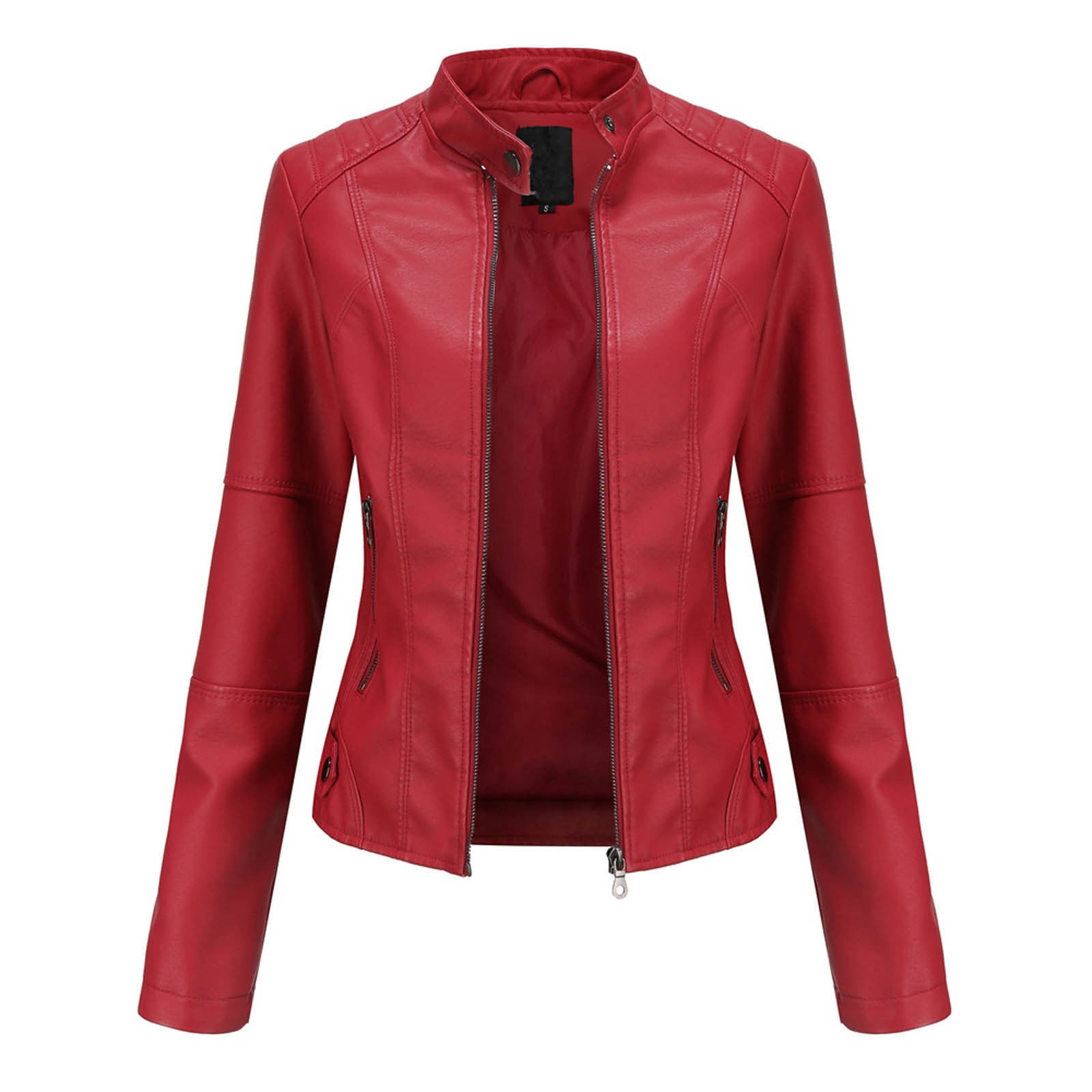 EGNMCR Womens Faux Leather Motorcycle Jacket Stand Collar Slim Zipper Solid Color Coats with Pockets
