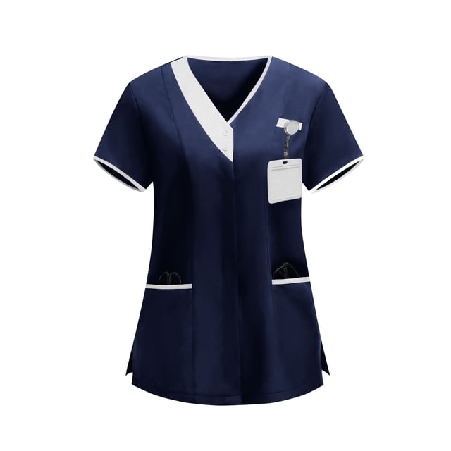 Craaazy Plus Size Women's Solid Color Nursing Scrub T-shirts with Contrast V-Neck and Multi Pockets for Medical Work Gift