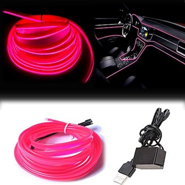 Maxlaxer El Wire Pink Interior Car LED Strip Lights, 5M Neon Wire USB 5V with Fuse Protection for Automotive Interior Decoration, with 6mm Sewing Edge