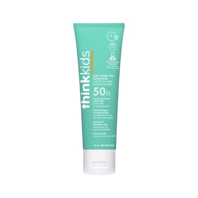 Think Écran Solaire pour Enfants FPS 50+, tube de 3 Oz Couleur Sarcelle avec Capuchon Blanc, Formule à Base d'Oxyde de zinc 20 % Offrant une protection à Grand Spectre contre les UVA/UVB. Résistant à l'Eau pendant 80 minutes, Sans Produits Chimiques Nocifs, Recommandé par des Dermatologues, Doux pour la Peau Sensible et Compatible avec les Récifs pour des Activités Extérieures Sécuritaires.