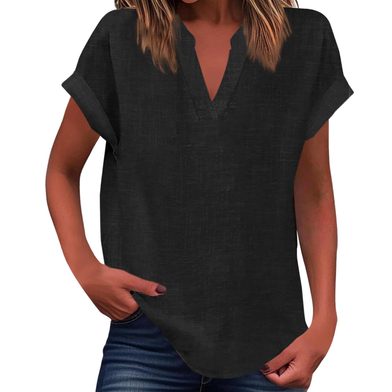 WEIYLL Womens T-Shirts Summer Loose Fit V Neck Curved Hem Flowy Solid Black Tops Sizes M