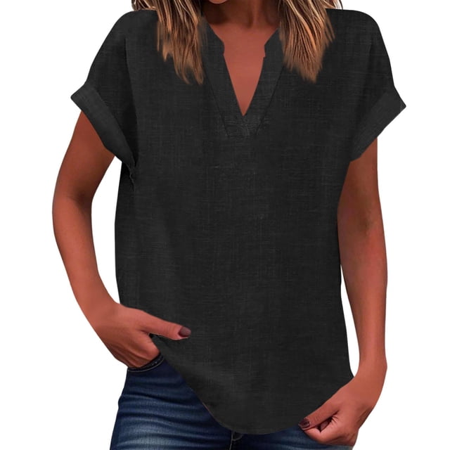 WEIYLL Womens T-Shirts Summer Loose Fit V Neck Curved Hem Flowy Solid Black Tops Sizes M