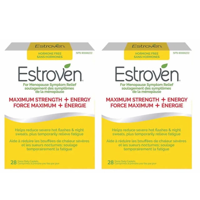 Estroven Maximum Strength + Energy, a pack of 2 boxes with 28 caplets each, formulated to alleviate menopause symptoms like severe hot flashes, night sweats, and fatigue. The packaging emphasizes natural ingredients such as black cohosh, soy isoflavones, green tea, and yerba mate for hormonal balance and energy enhancement. It is hormone-free, gluten-free, and lactose-free, with bilingual English and French labeling.