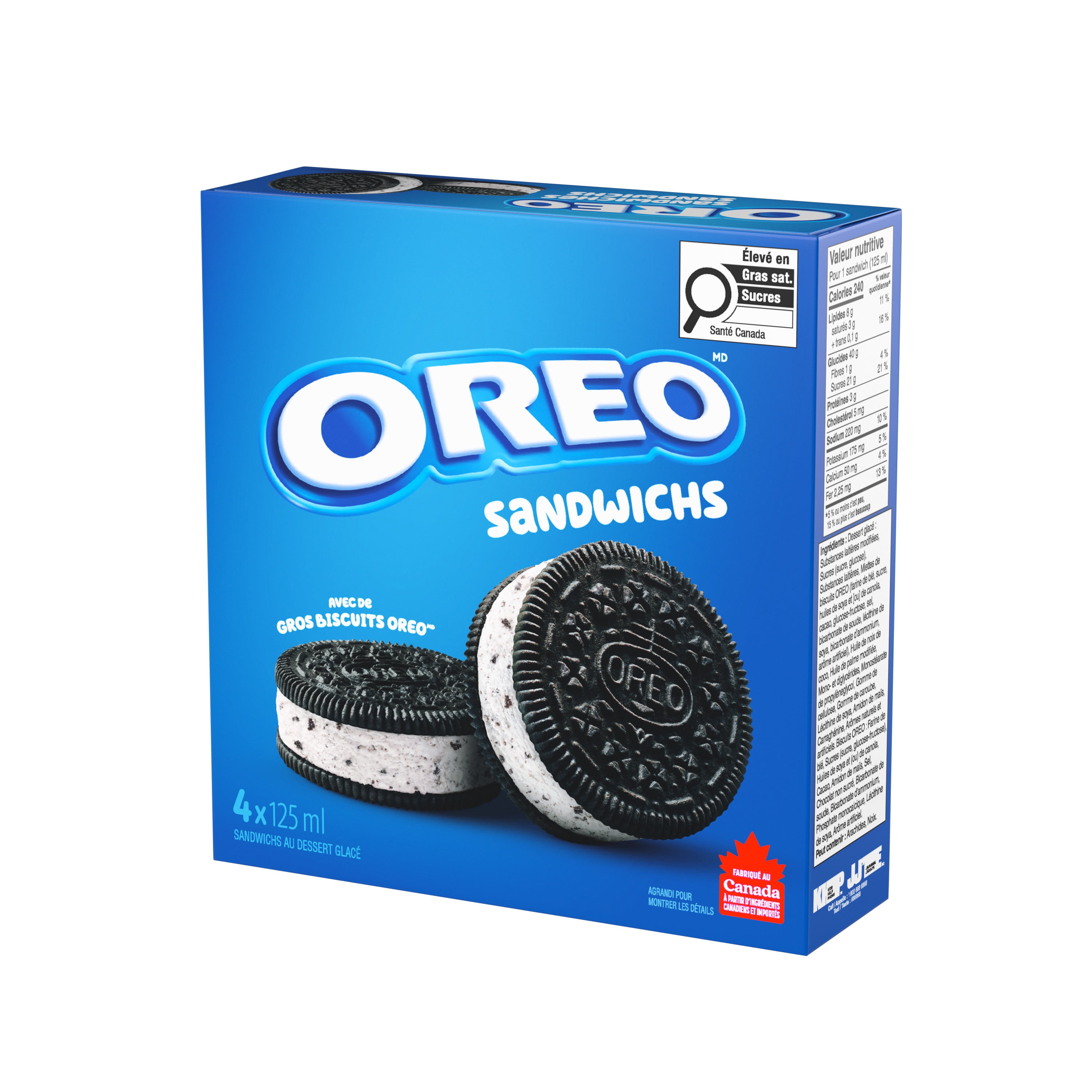 CHRISTIE OREO Sandwichs au dessert glacé, dessert glacé à saveur de crème avec morceaux d’OREO 4 x 125 ml