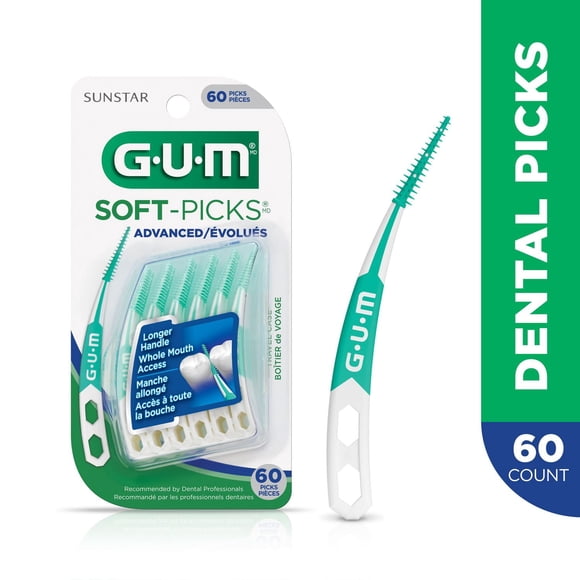 GUM® Soft-Picks® Advanced Dental Picks, Curved Design, Precision Control, Travel Case, 60 Picks