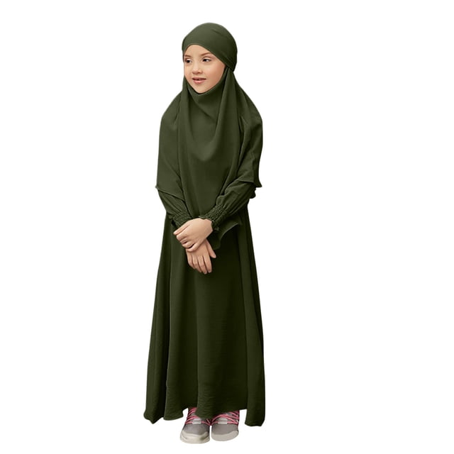RXMEKW Muslim Dress Set With Shawl for Girls Long Sleeve Round Neck Ruffle Dress 2-Piece Outfit Pink
