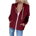 thumbnail image 2 of TIMIFIS Chandail à Capuchon pour Femme Veste Chandail Décontracté à Fermeture Éclair Complète Manches Longues Ample Uni Entraînement Basique Actif Haut à Capuche-Rouge-2-Mfall, 2 of 5
