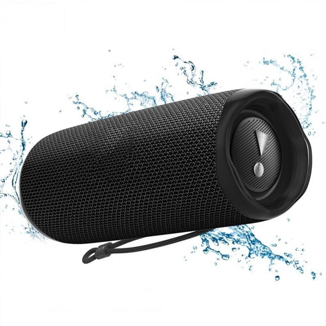 Flip6 Speakers Audio Home Outdoor Stereo Speaker Portable Wireless Speaker Subwoofer in black, featuring a cylindrical design with a textured mesh exterior and ergonomic strap for easy carrying. The speaker is shown with water splashes, emphasizing its water-resistant capability. Ideal for home theatre setups or outdoor use, it includes Bluetooth 5.1 compatibility, a 4800mAh battery for up to 12 hours of playback, and a powerful 20W woofer and 10W tweeter for deep bass and clear stereo sound.