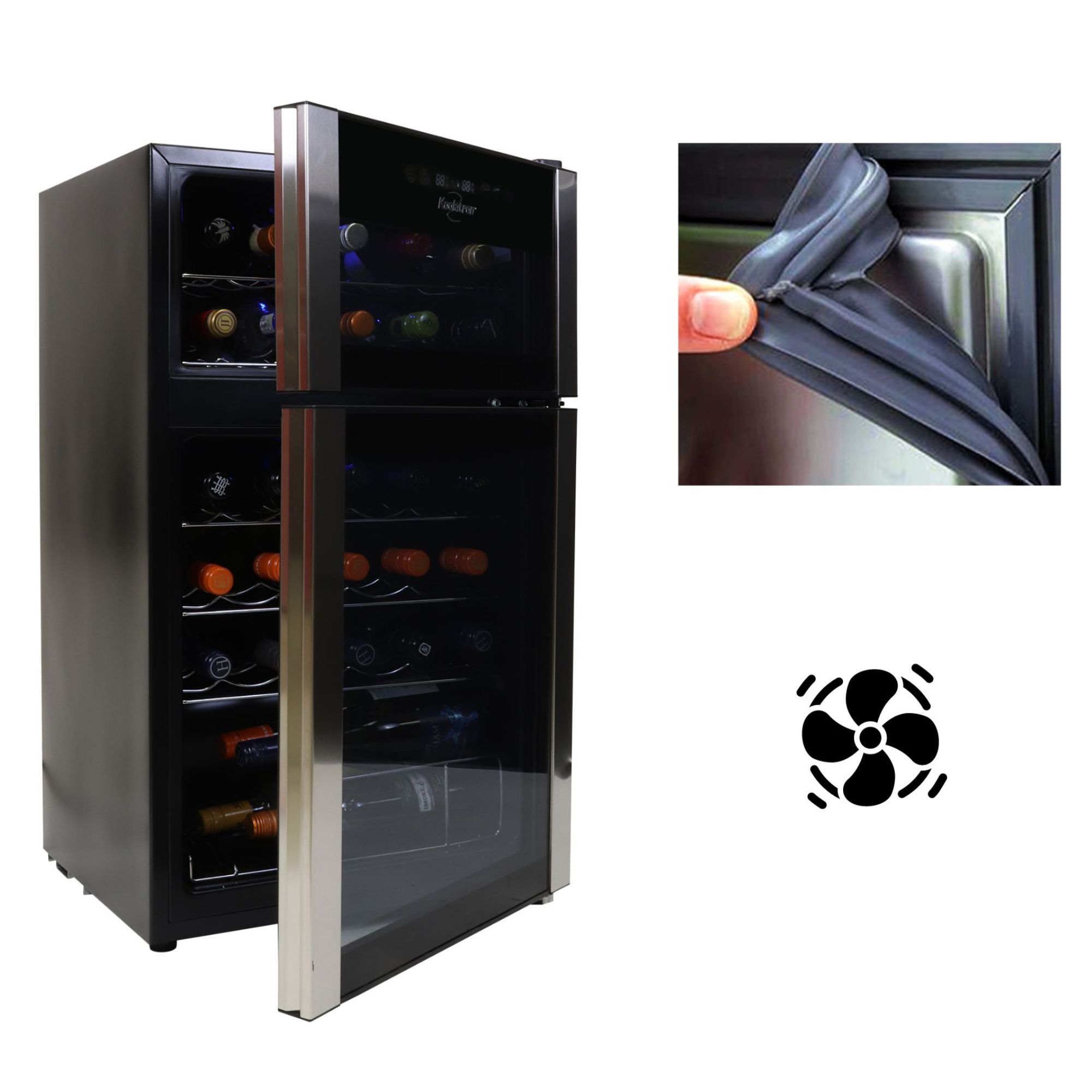 Koolatron 29 Bottle Dual Zone Wine Cooler, Black, 3 cu ft (86L) Compressor Wine Fridge, Freestanding Wine Cellar, Red, White, Sparkling Wine Storage in Home Bar, Kitchen, Apartment, Condo