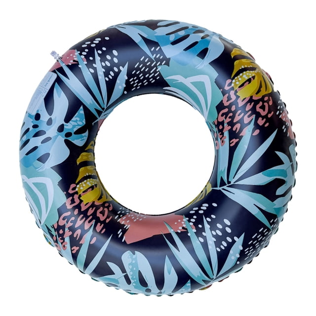 Baby Inflatable Pool Float Tube for Kids and Adults with a vibrant tropical pattern featuring blue, yellow, and pink accents on a dark background. Designed for summer water activities, it is made from durable material suitable for pools, beaches, and lakes. Easy to inflate and deflate for convenient storage and travel.