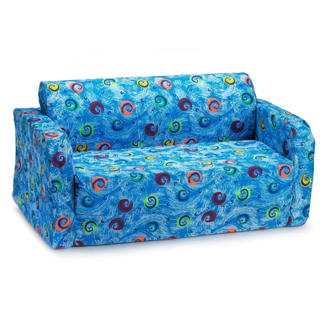 ComfyKids® Canapé Rabattable 2-en-1 Bleu avec Motifs de Tourbillons Colorés, un Canapé compact Rembourré avec Accoudoirs et Dossier Conçu pour les Chambres d'Enfants, Idéal pour les Sièges de Salon et les Soirées Pyjama.