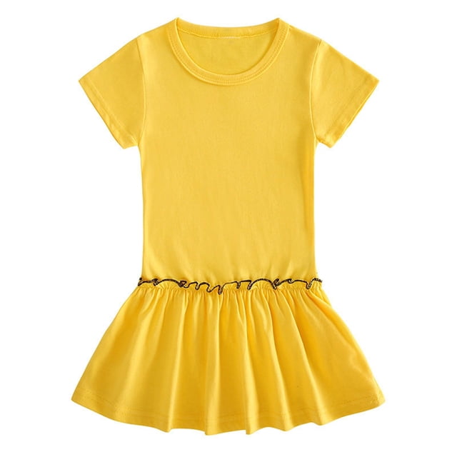 Liquidation d'Économies d'Été! WRKEKC Robe d'Été pour Fille, Robe Décontractée pour Fille, Robe Plissée d'Été Unie à Manches Courtes et Col Rond pour Fille 7 Ans