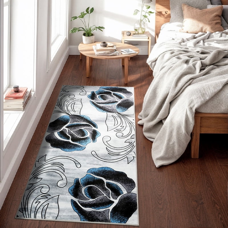 Marina Decoration Décor Tapis de Couloir de Luxe Antidérapant en Caoutchouc, Design Floral Rose Noir Bleu, 26 x 60 Pouces