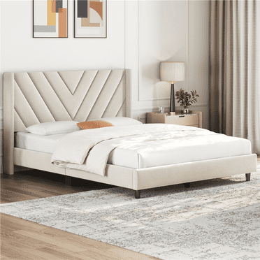 Yaheetech Upholstered Platform Bed with Tufted Headboard and Wooden Slat Support, Queen, Beige