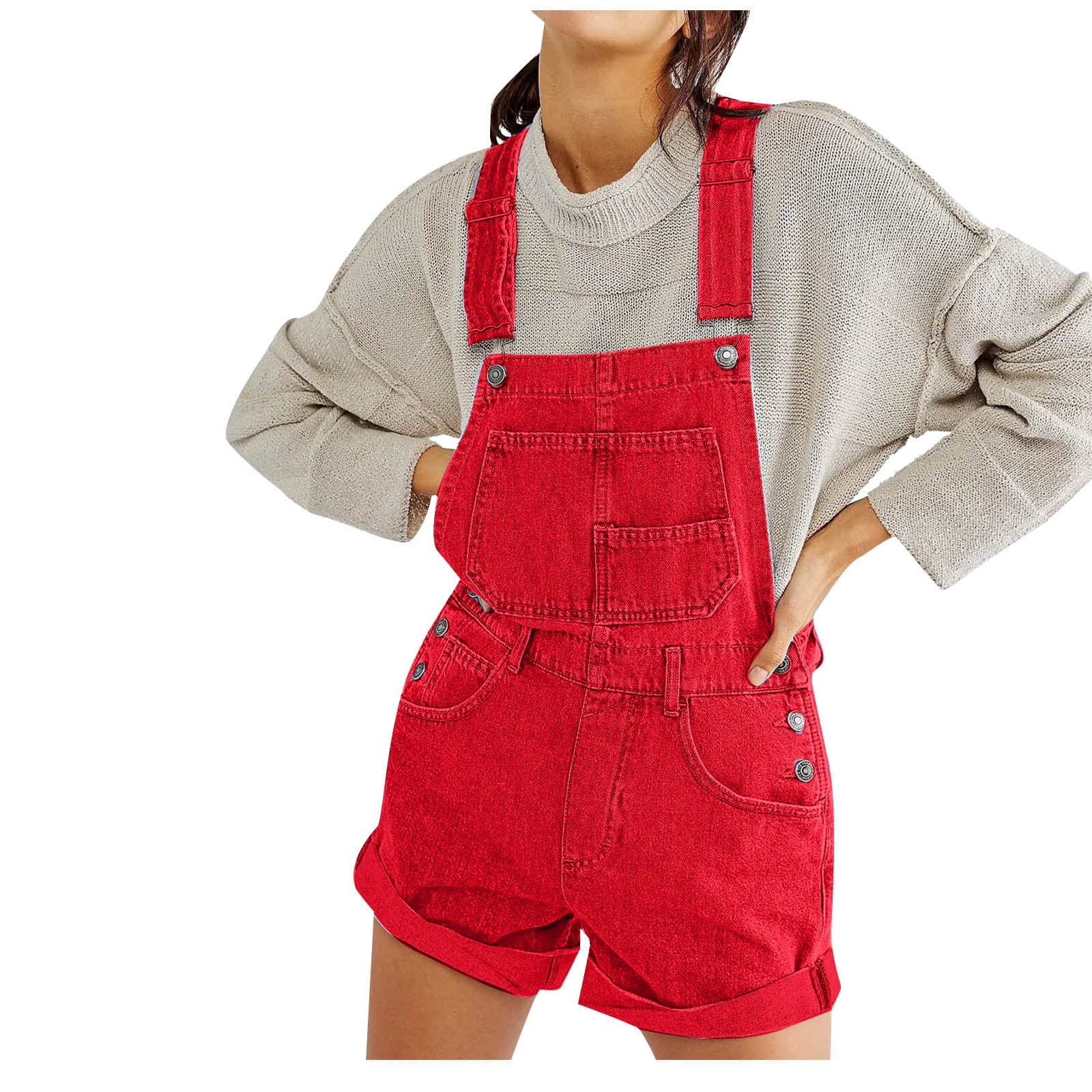 AherBiu Womens Jean Short Jumpsuits Suspenders Roll-Up Denim Rompers Overalls with Adjustable Strap