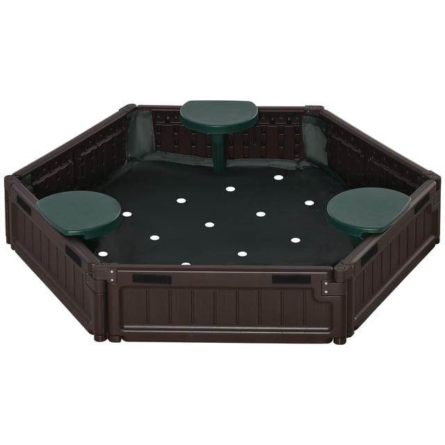 Outsunny Bac à Sable pour Enfants avec Housse pour 3 à 12 Ans, Brun. Bac à Sable Hexagonal en Matériau HDPE Robuste avec Trois Sièges Verts et une surface Lisse Polie pour Prévenir les Égratignures. Comprend une Housse en Tissu oxford pour la protection contre les Éléments et les Débris. Conçu pour les Jeux de Sable en Plein Air, Il Peut Contenir jusqu'à 350 Lb de Sable et Être Reconfiguré en Différentes Formes comme un Hexagone Ou un rectangle. Convient aux Activités Extérieures des Enfants pour 3 à 12 Ans.