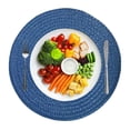 thumbnail image 1 of Djiypn Round Woven Placemats Set of 12, Boho Rattan Place Mats, Natural Table Placemats, Farmhouse Weave Circle Table Mats, Rustic Braided Plates for Dining Table Décor, Mid Blue, 1 of 8