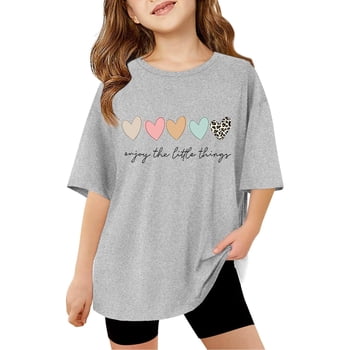GPOECD Girls Letter Printed Short Sleeve Crewneck Tee Casual Oversized Basic Top for Everyday Wear Grey,9-10 Years