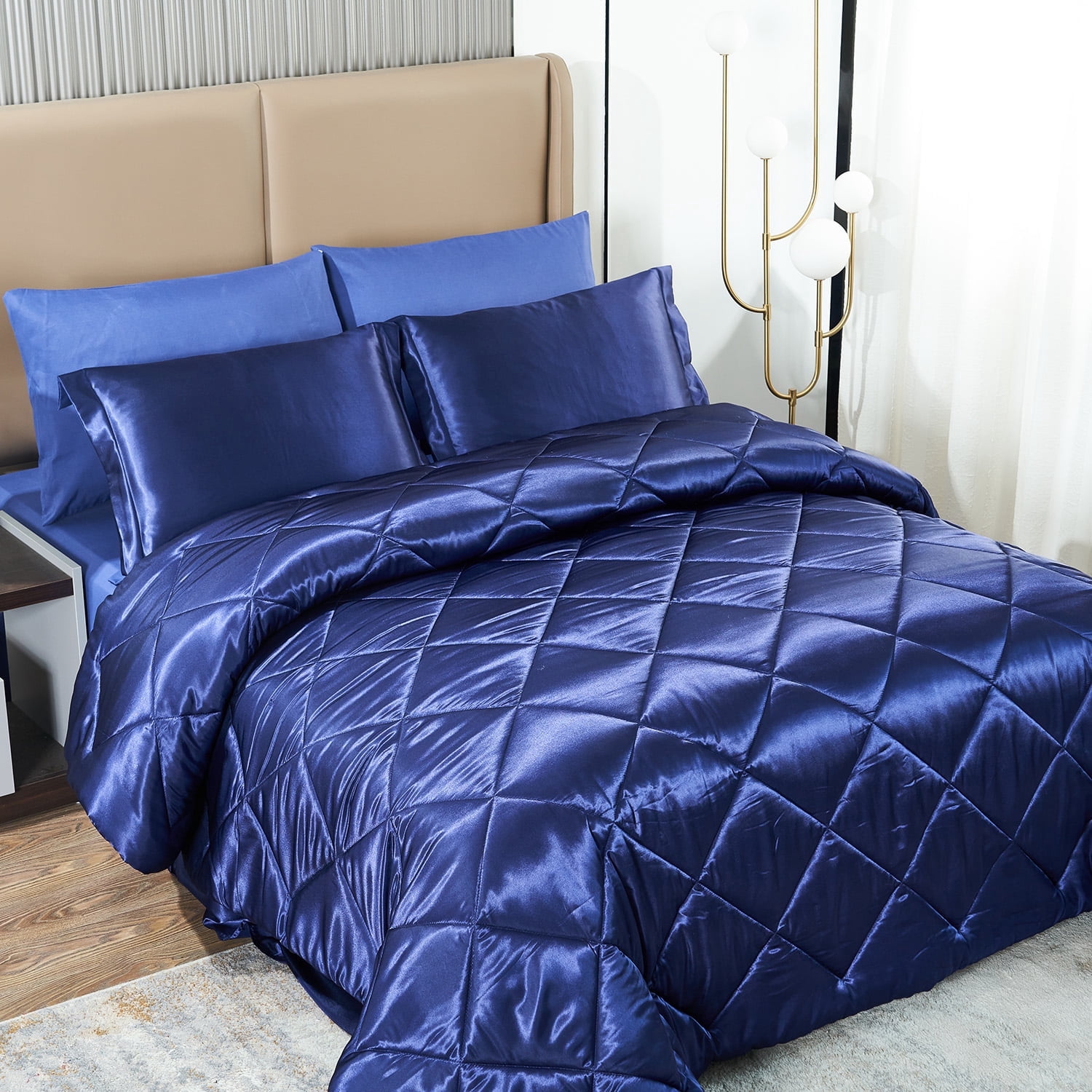 JML Luxury Satin 8-Piece Comforter Set, Silky Satin, Solid Color, King