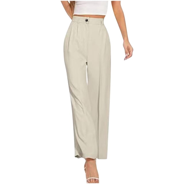Timegard Womens Formal Pants Elastic High Waist Straight Leg Solid Color Office Work Lounge Pants Pockets