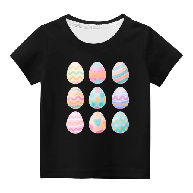 Penkiiy T-Shirts de Pâques pour Enfants Garçons Filles Mode Œufs de Pâques Imprimé Col Rond Manches Courtes 11 Ans Noir