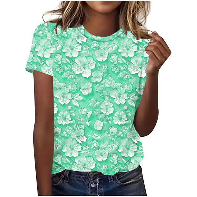 Hauts d'Été pour Femmes DYTTDG T-shirt à Fleurs Mode pour Femmes Grande Taille Col Rond Manches Courtes Décontracté Ample Tee Haut Hauts pour Femmes Liquidation Moins de 10 Multicolore,m