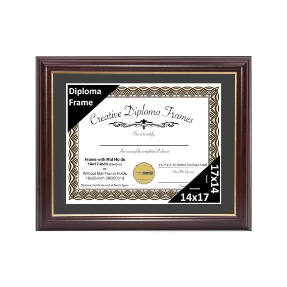 Creative Picture Frames 14x17 Mahogany Gold Rim Diploma Frame with Black Mat Glass and Installed Wall Hangers | Frame Holds 16x20 Media without Mat
