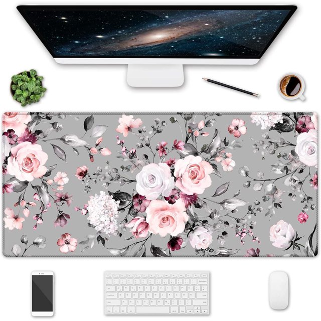 Extended Gaming Mouse Pad, 35.5x15.75" Non-Slip Oversized Desk Pad Mousepad with Stitched Edges Waterproof Keyboard Mouse Mat Desk Protector for Game, Office and Home, Gray Rose