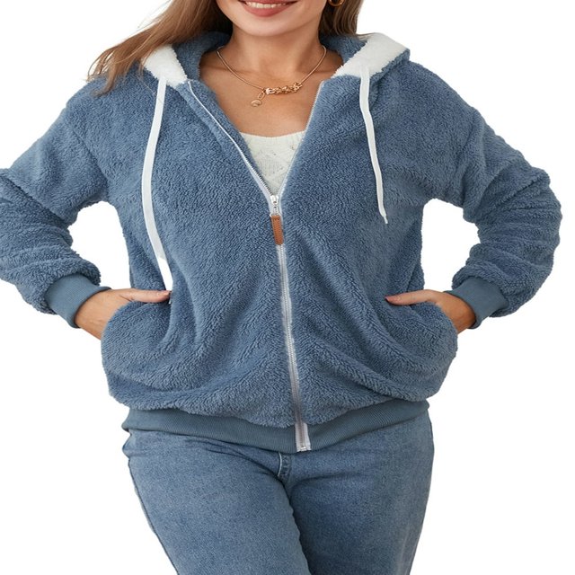 Womens Full Zip Up Sherpa Hoodie Fuzzy Fleece Jacket Oversized Fluffy Coat with Pockets