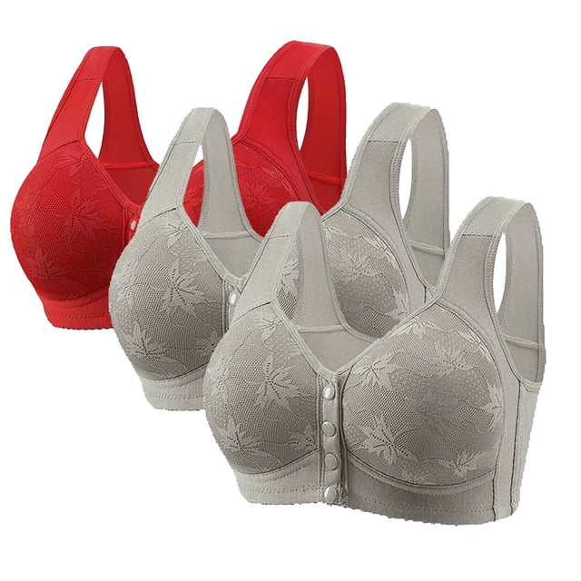 Yanlir 3PCS Bras for Women's No Underwire Wireless Bras Front Button Design Push Up Full Coverage Adjustable Straps U Shaped Back Comfortable Everyday Bra(Gray#1,4XL)