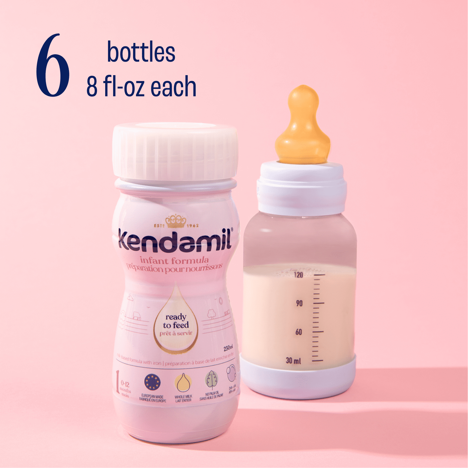 Kendamil Classic, Non-GMO Baby Formula with HMOs, GOS & FOS, Infant Formula, 0‚Äì12 Months, 237mL x 6ct Ready to Feed Bottles