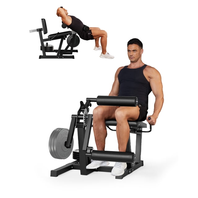 AKDSteel Machine 4-en-1 d'Extension et de Courbure de Jambe avec une Capacité de 700 Lb, Montrée dans une Vue Orientée vers l'Avant. la Machine Présente des Coussinets de Jambe Ajustables, un Dossier et un Siège, avec un Amorti Ergonomique en Mousse pour le Confort. Comprend 4 Chevilles de Bande pour l'Intégration de Bande de Résistance. un Utilisateur Fait la Démonstration des Courbures de Jambe et des Poussées de Hanche, Mettant en Valeur Sa Conception Multifonctionnelle pour des Exercices comme les extensions de Jambe, les Courbures