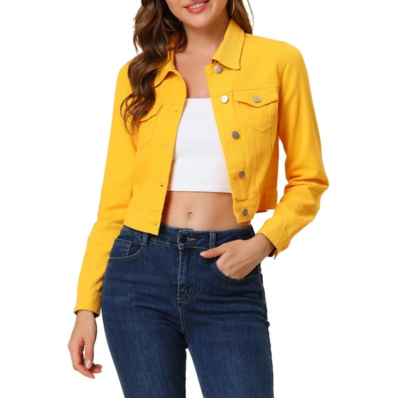 INSPIRE CHIC Women's Denim Cropped Jackets Chest Pocket Plaid Trim Button Down Jean Jacket M Yellow