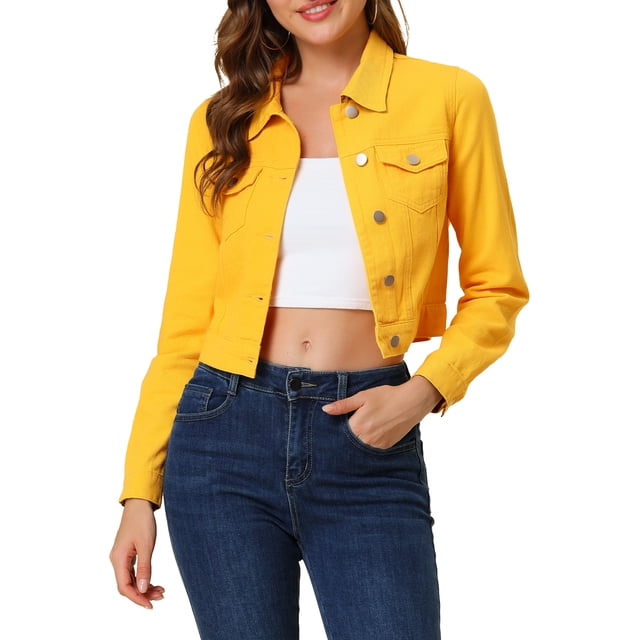 INSPIRE CHIC Vestes Courtes en Denim pour Femmes Poche Poitrine Bordure à Carreaux Veste en Jean Boutonnée S Jaune