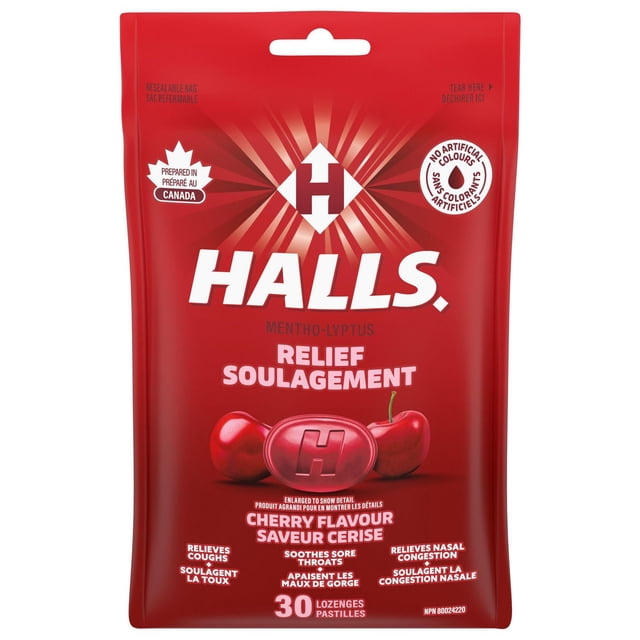HALLS Cherry Flavour Cough Drops, Throat Lozenges, Sore Throat Relief, Mentho-Lyptus