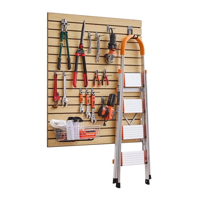 VEVOR 4 x 4 ft SlatWall Paneling MDF Natural Garage Slatwall with Modular Design shown organizing tools such as pliers, wrenches, a ladder, and a storage basket. The panel has a natural wood finish and standard 3-inch slots compatible with hooks, brackets, and shelves, ideal for garage organization and tool storage.