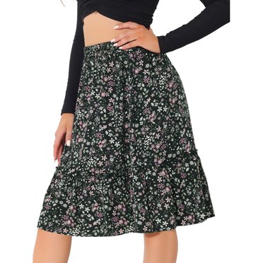 Jupe Midi Trapèze à Volants et Ourlet Fleuri, à Étages, de la Marque Unique Bargains, Noire à Fleurs, Taille P