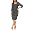 thumbnail image 1 of INSPIRE CHIC Robe à Carreaux pour Femme Encolure Carrée Manches 3/4 Moulante Midi Robe de Travail TP Noir, 1 of 6