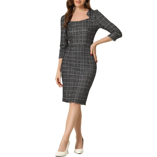 INSPIRE CHIC Robe à Carreaux pour Femme Encolure Carrée Manches 3/4 Moulante Midi Robe de Travail TP Noir