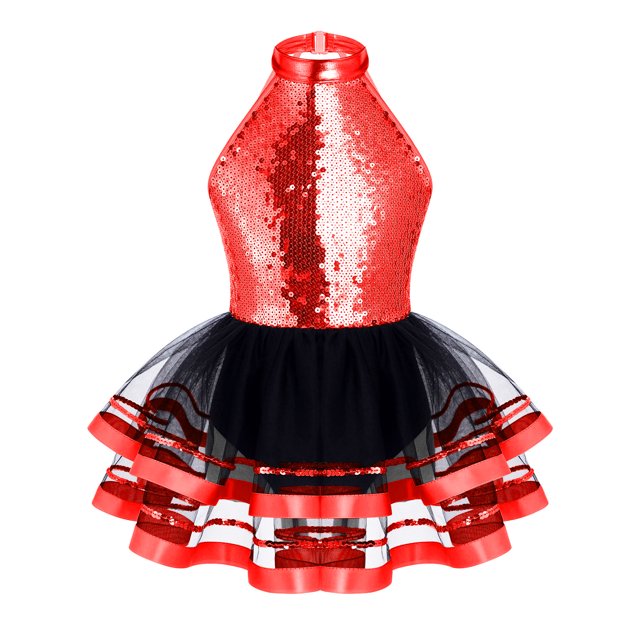 inhzoy Robe de Danse en Tulle à Sequins pour Filles, Tutu de Jazz, Performance Latine, Tenue de Danse de Salon Rouge 6