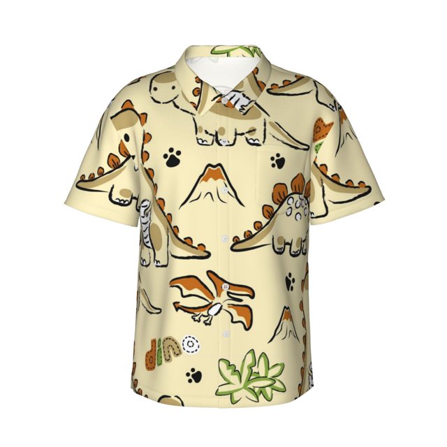 KLL Cartoon Dinosaurs Pattern Men's Hawaiian Shirt Short Sleeve Button Down Beach Shirts,Small