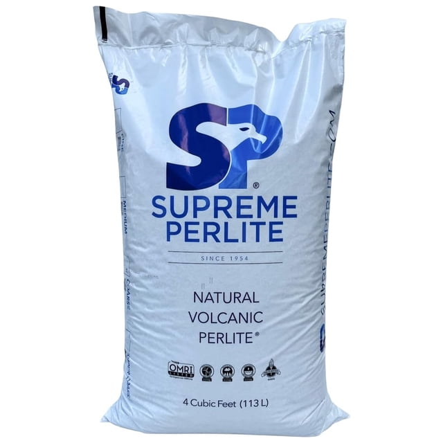 Supreme Perlite Coarse Horticultural Perlite for Potting Plants & Soil Mixes, 4 Cu Ft Bag. The image displays a white bag with blue 'Supreme Perlite' branding and 'Natural Volcanic Perlite' text. This OMRI Listed product features coarse perlite particles approximately 1/2 inch in size, designed to enhance soil drainage, aeration, and moisture balance. Ideal for potting soil, seed starting, hydroponic systems, and organic gardening.