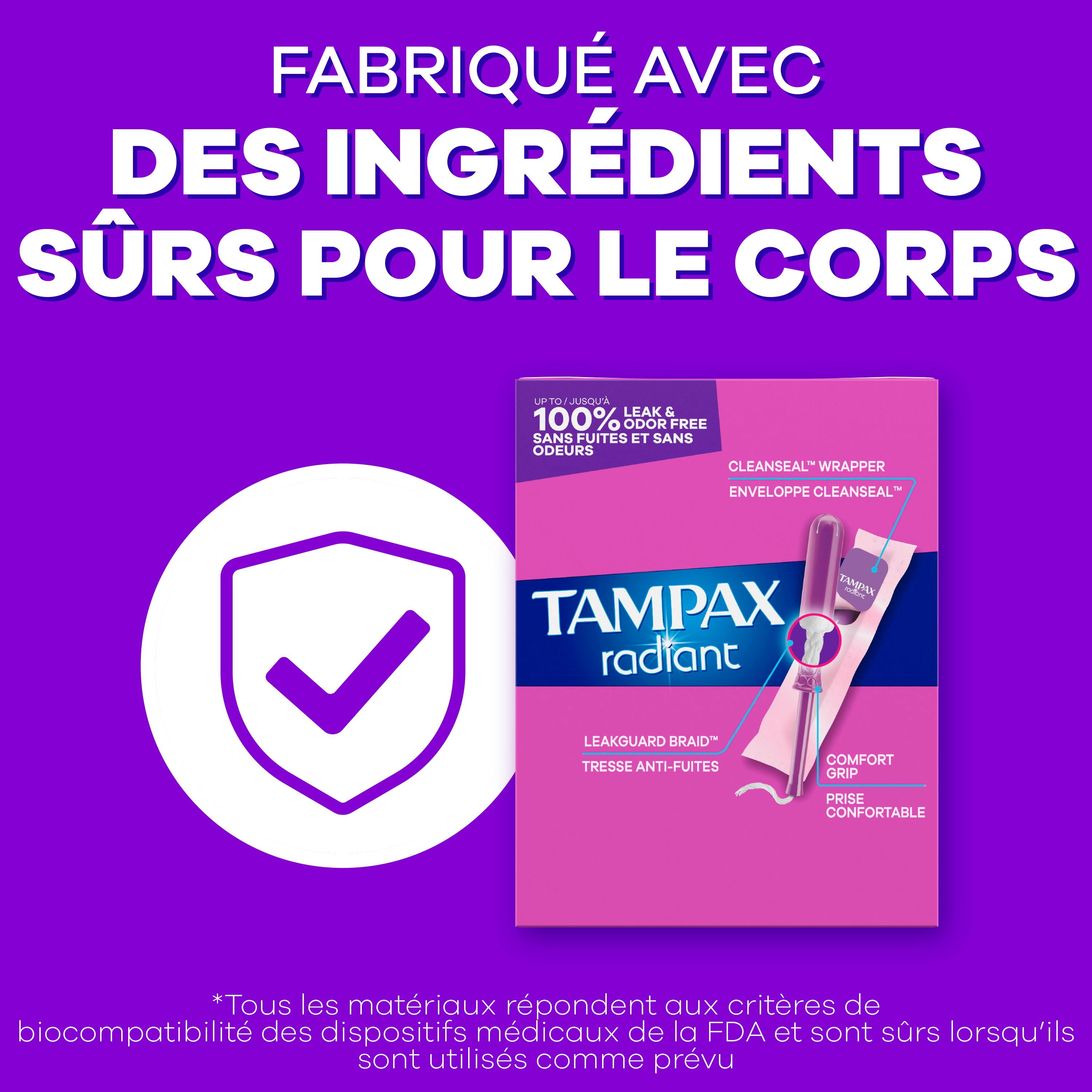 Tampax Radiant Emballage Multiple de Tampons, avec Tresse Anti-Fuites, Absorption Régulière/super, Non Parfumés